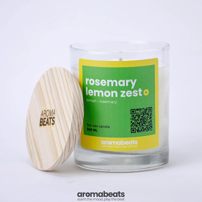 Vela aromática Rosemary Lemon Zest de cera de soya 240ml con tapa de bambú y código QR Play the Beat