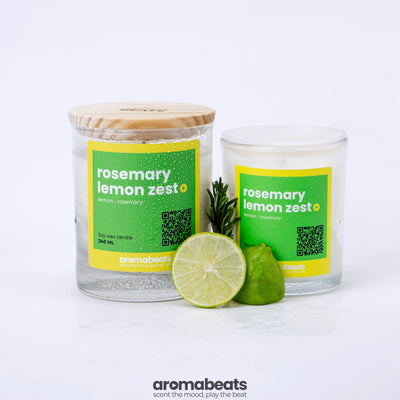 Vela Rosemary Lemon Zest de aromabeats con aroma a limón y romero con limones frescos