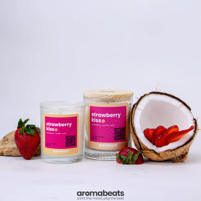 Vela Strawberry Kiss de aromabeats con aroma a fresa vainilla y coco con fresas frescas
